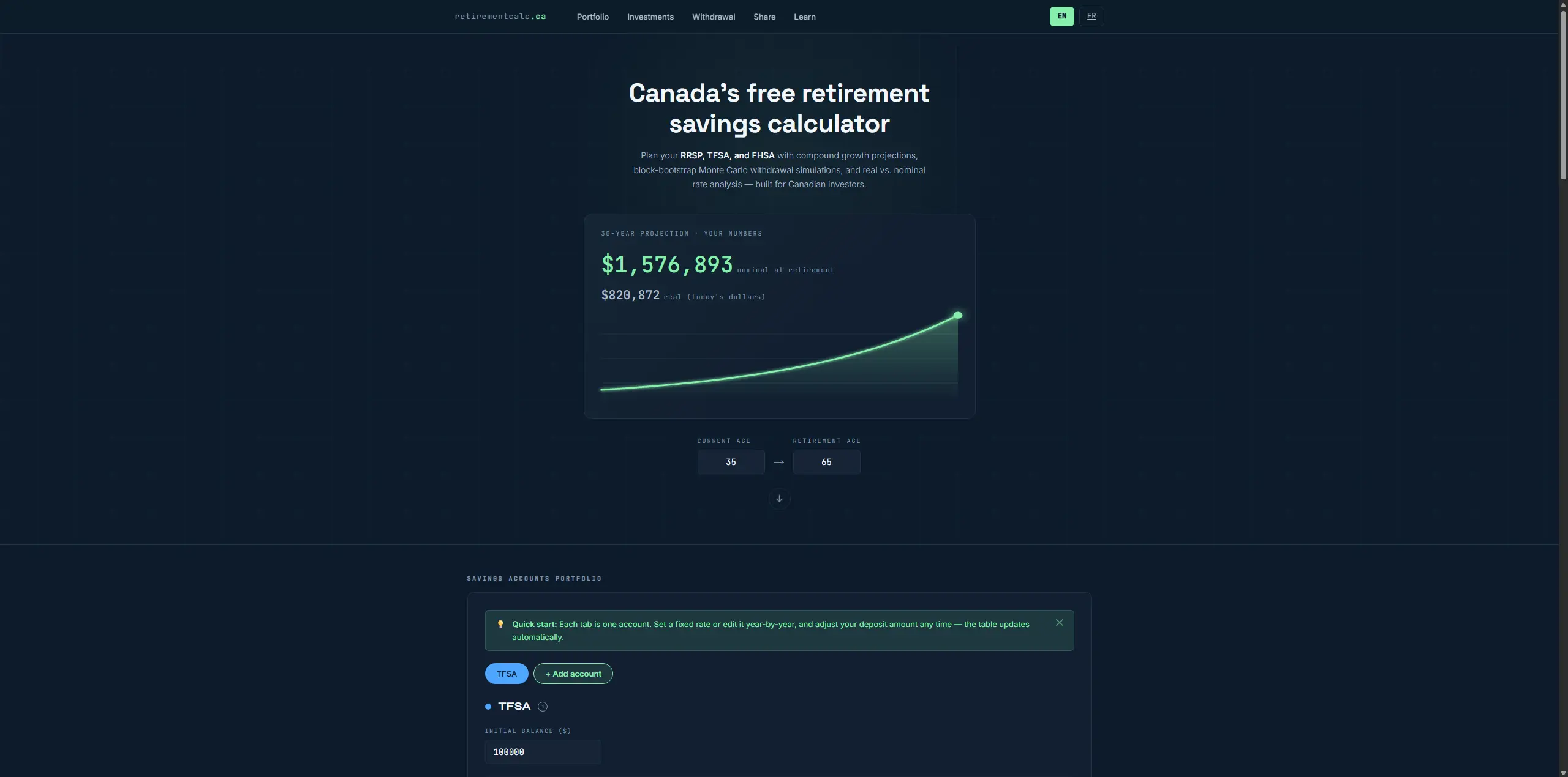 RetirementCalc — aperçu du site